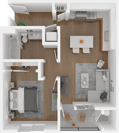 Floor plan for 1 bed, 1 bath, 715 sqft